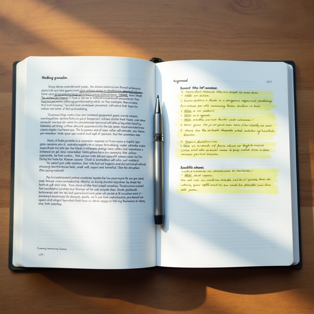 Notebook page with a dense paragraph crossed out and rewritten as short labeled sections with highlighter marks